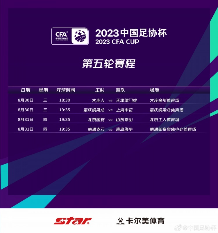 The fifth round of the FA Cup: August 30 Chongqing tonglianglong vs Shenhua August 31 Guoan vs Mount Tai